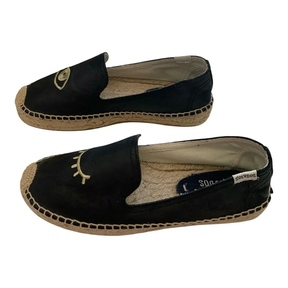 Soludos Winking Eye Espadrilles SZ 6 BlackFlat Jason Polan Canvas Shoes Blinking